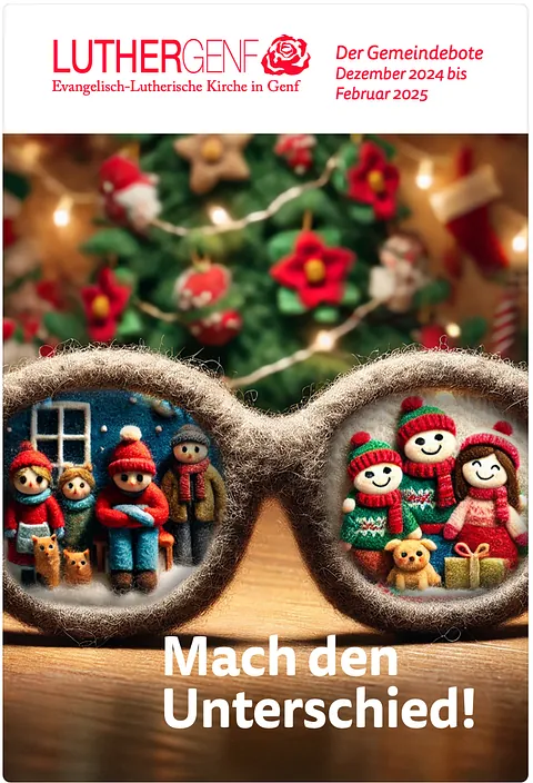 Gemeindebrief-Titelbild: Brille spiegelt Weihnachtsfiguren, Text „Mach den Unterschied!“.