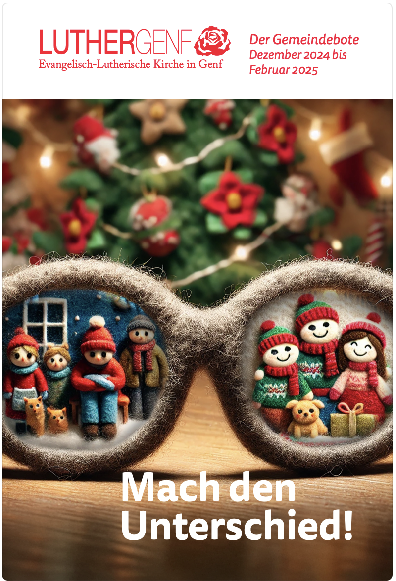 Gemeindebrief-Titelbild: Brille spiegelt Weihnachtsfiguren, Text „Mach den Unterschied!“.