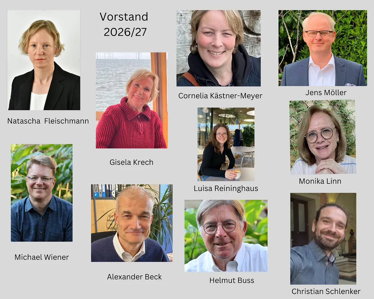 Collage von Porträts der Mitglieder des Vorstands 2025/26 mit ihren Namen.